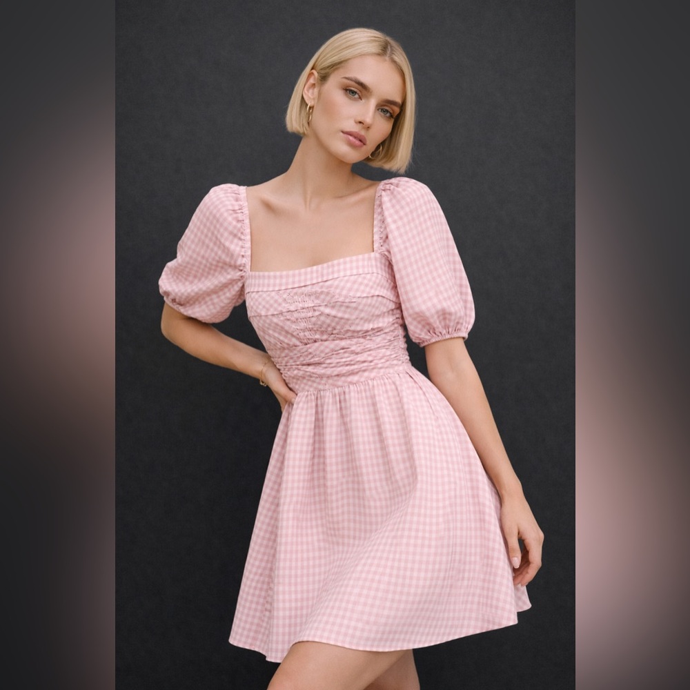 Reformation Zula Linen Mini Dress Pink White Blush Check Size 8 NWT